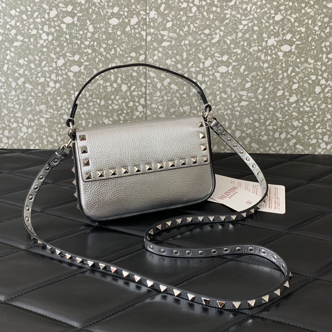 Valentino Garavani Rockstud Small Shoulder Bag in Silver Grainy Calfskin